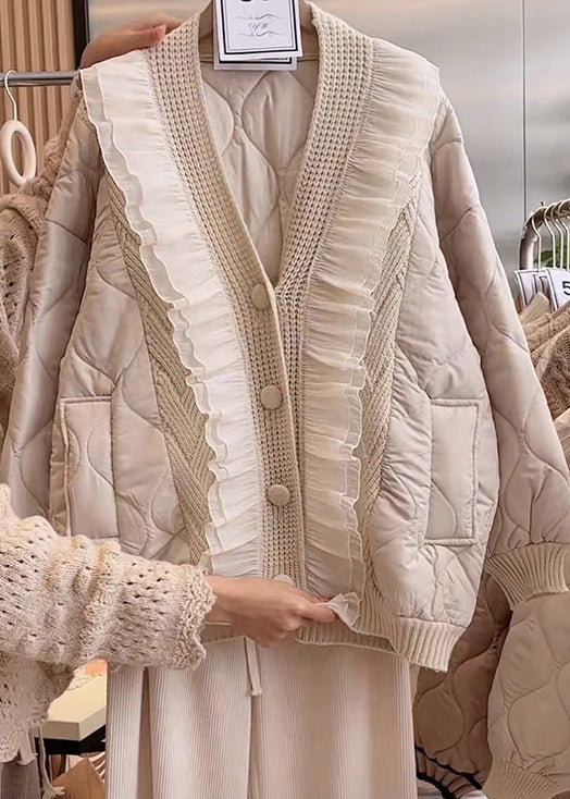 Frauen Beige V-Ausschnitt Rüschen Patchwork Feine Baumwolle gefüllt Jacke Frühling YY010