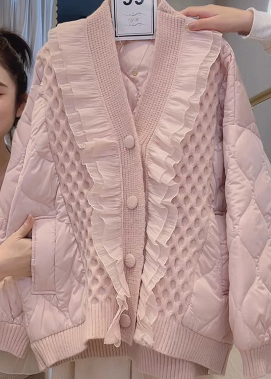 Frauen Beige V-Ausschnitt Rüschen Patchwork Feine Baumwolle gefüllt Jacke Frühling YY010