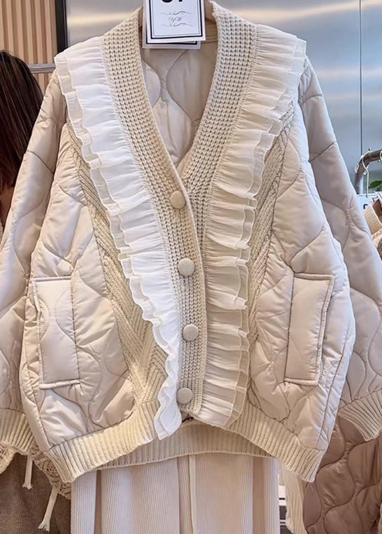 Frauen Beige V-Ausschnitt Rüschen Patchwork Feine Baumwolle gefüllt Jacke Frühling YY010