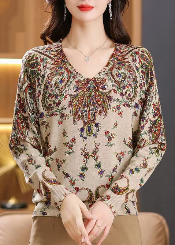 Frauen Beige V-Ausschnitt Zirkon Print Wollpullover Tops Frühling TQ001