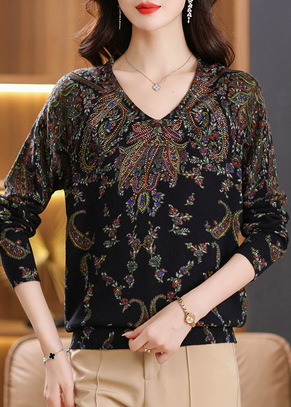 Frauen Beige V-Ausschnitt Zirkon Print Wollpullover Tops Frühling TQ001
