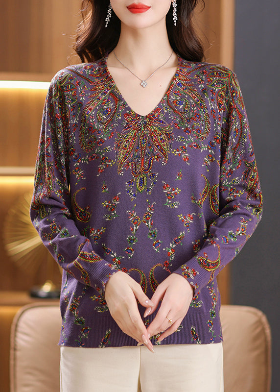Frauen Beige V-Ausschnitt Zirkon Print Wollpullover Tops Frühling TQ001