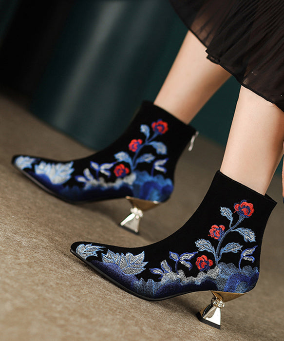 Women Black Embroidered Zippered Suede High Heels RT1072