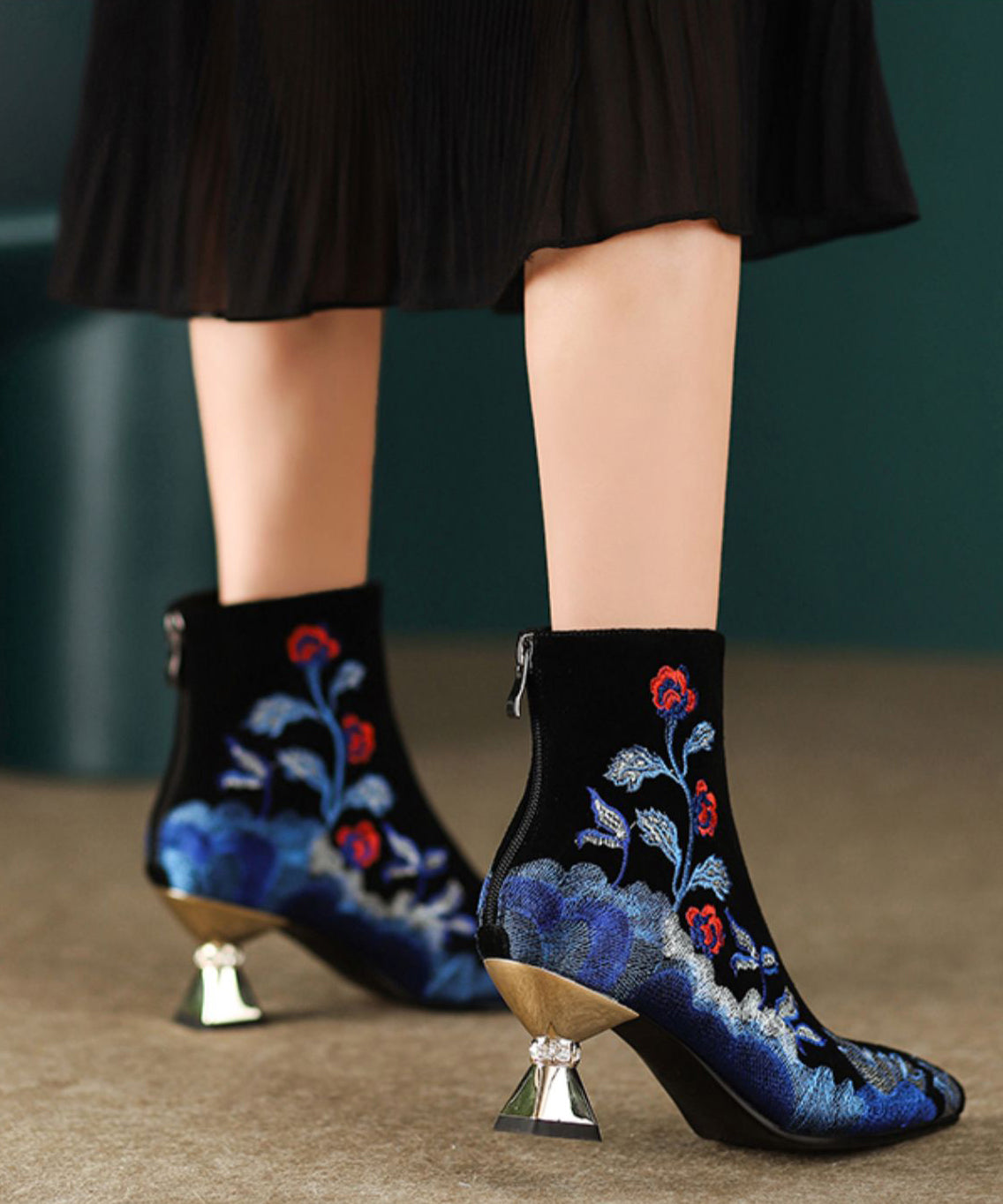 Women Black Embroidered Zippered Suede High Heels RT1072