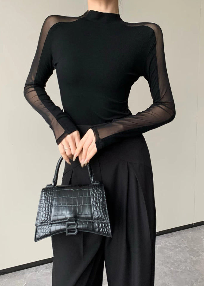 Hauts noirs ajourés en patchwork pour femmes, coupe ajustée, printemps YP029