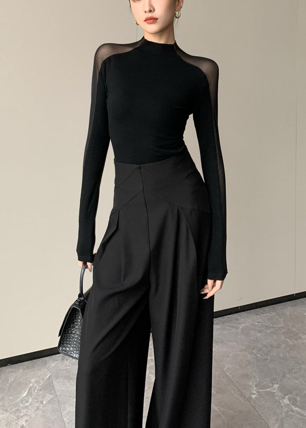 Hauts noirs ajourés en patchwork pour femmes, coupe ajustée, printemps YP029