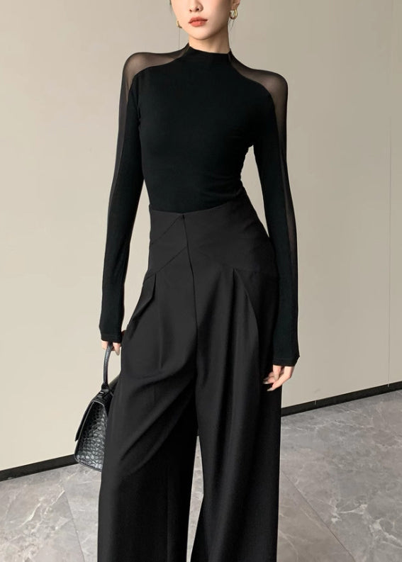 Hauts noirs ajourés en patchwork pour femmes, coupe ajustée, printemps YP029