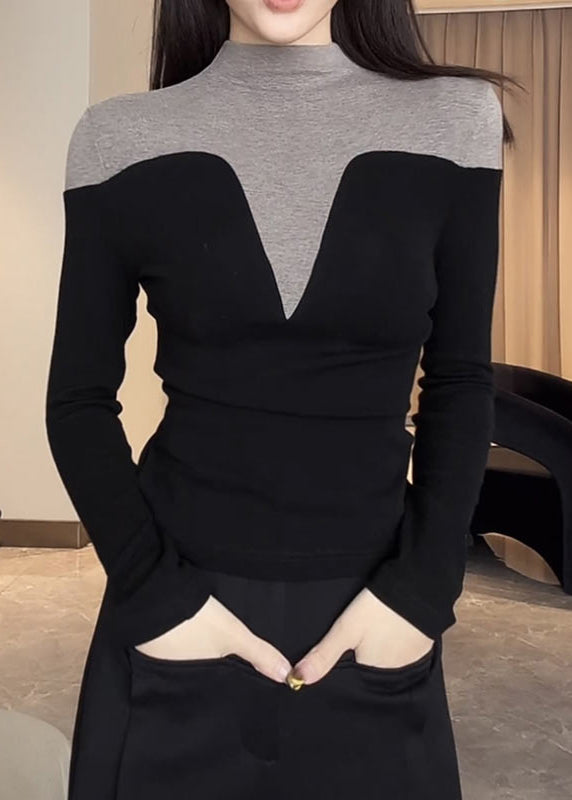 Frauen Schwarz Stehkragen Patchwork Baumwolle Tops Frühling YP014