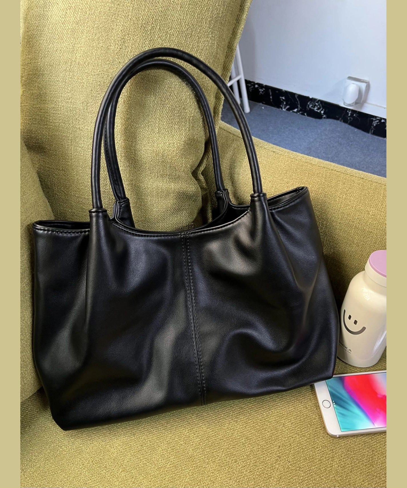Versatile Black Satchel Women Faux Handbag Leather