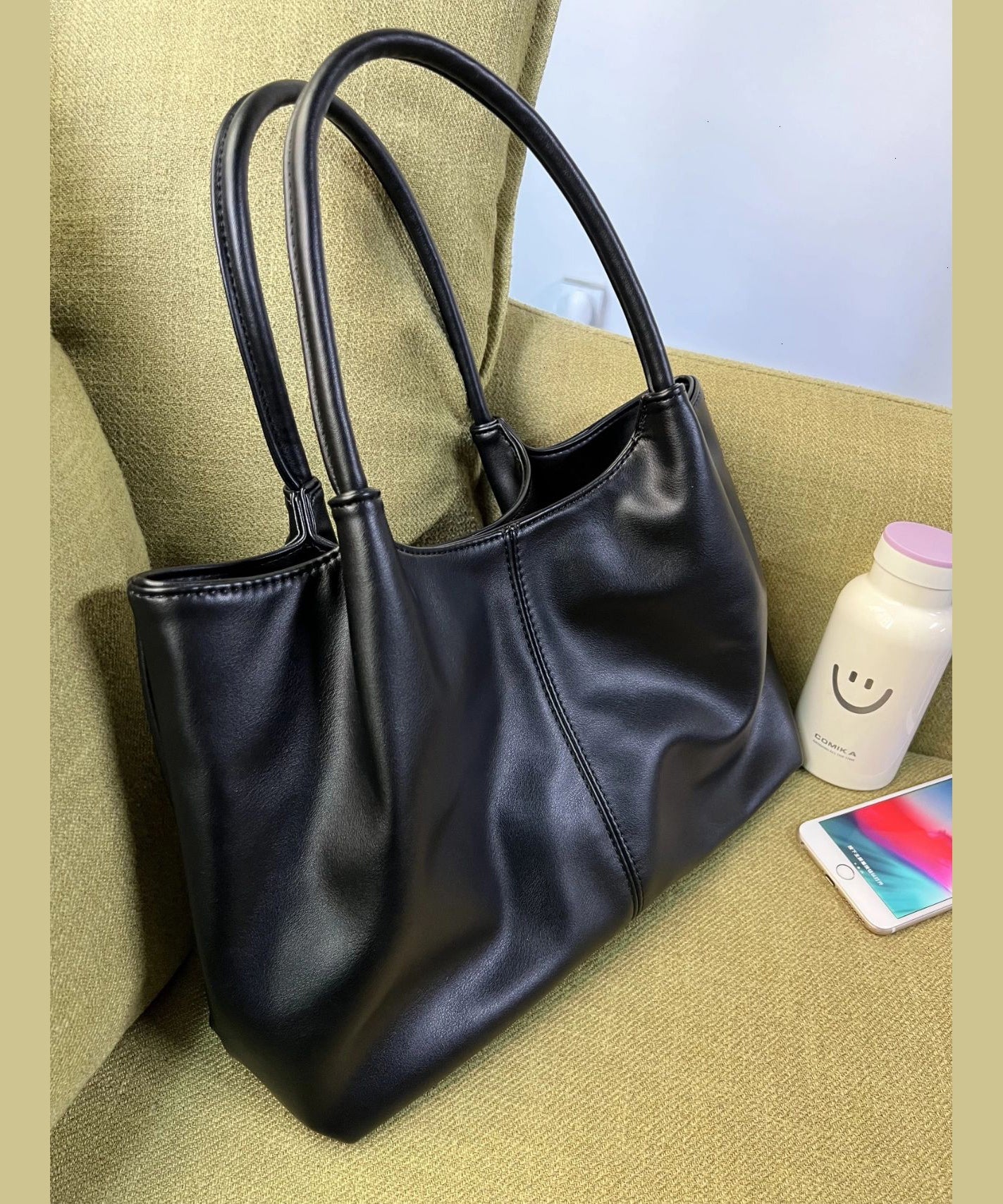 Versatile Black Satchel Women Faux Handbag Leather