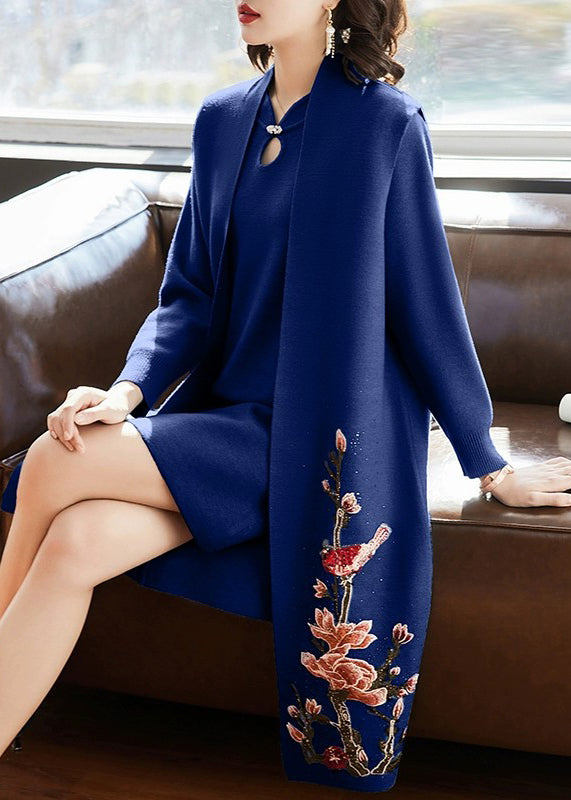 Frauen Blau Floral Zirkon Stricken Zwei Stück Set Kleidung Frühling TQ035