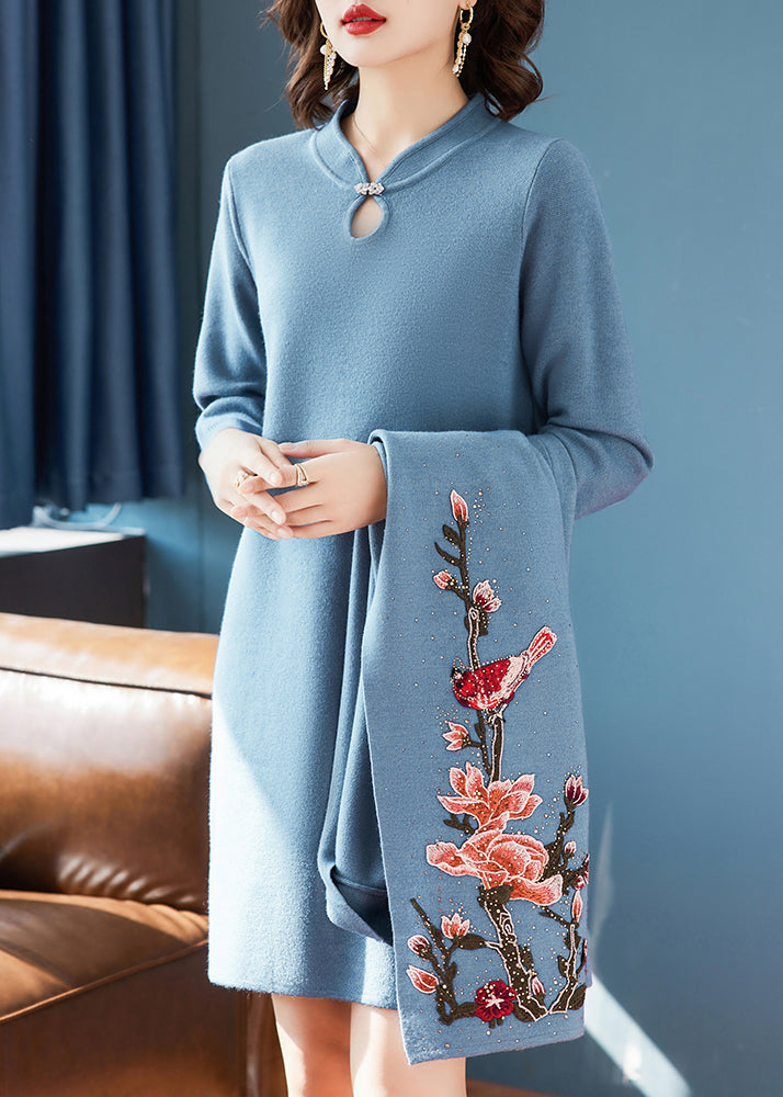 Frauen Blau Floral Zirkon Stricken Zwei Stück Set Kleidung Frühling TQ035