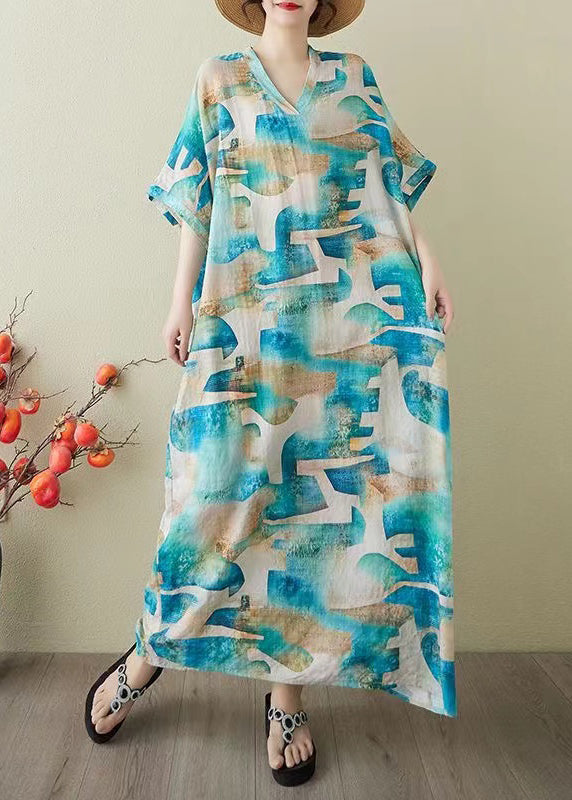 Print Sommerkleid Blau Oversized Party Damen Baumwolle
