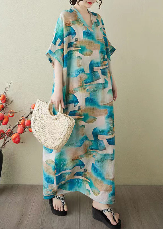 Print Sommerkleid Blau Oversized Party Damen Baumwolle