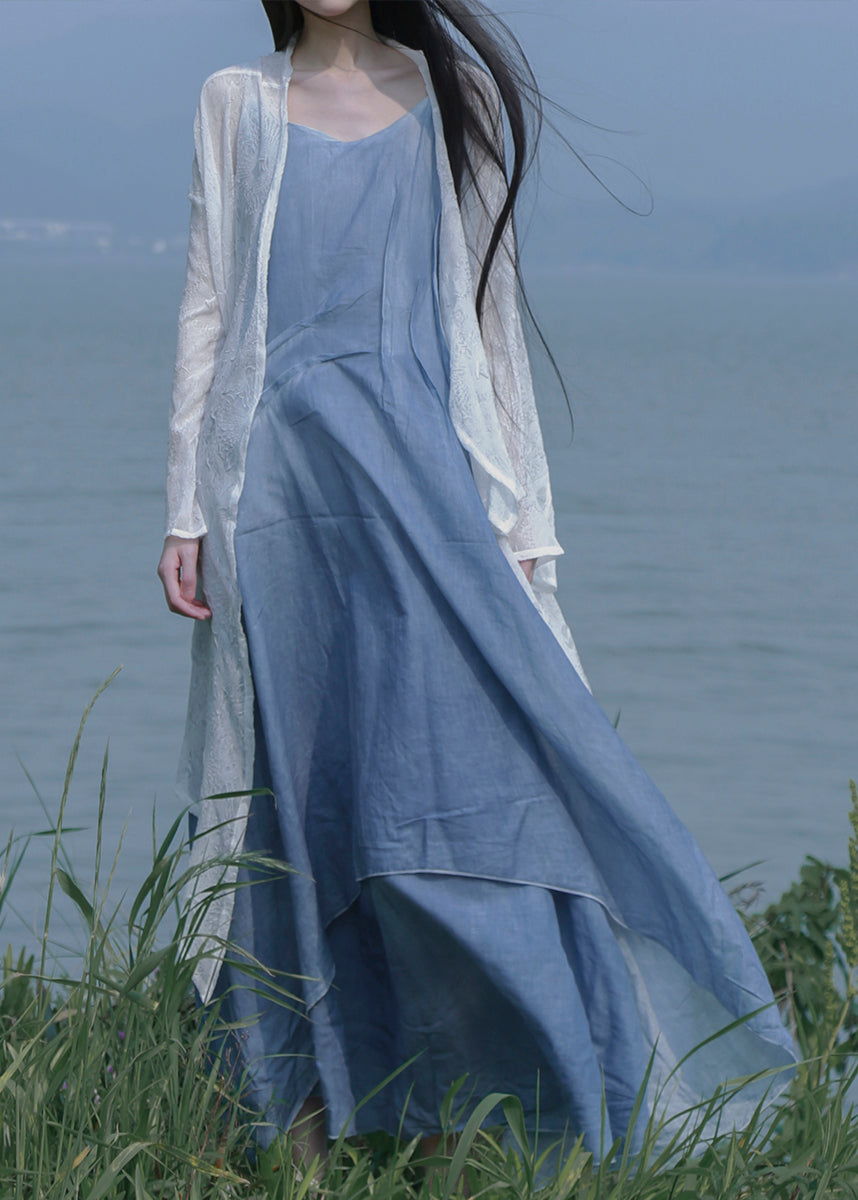 Robe d'été bleue à bretelles spaghetti en coton patchwork pour femme RU022