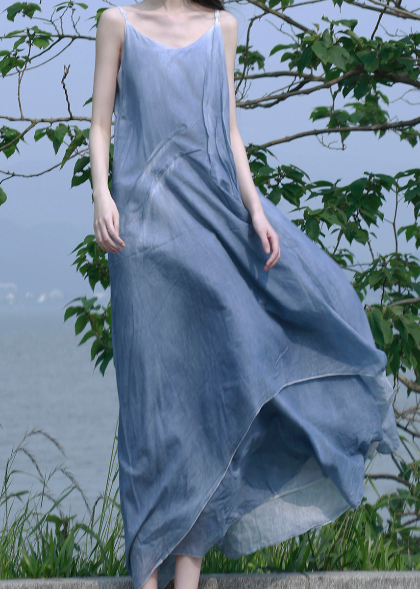Robe d'été bleue à bretelles spaghetti en coton patchwork pour femme RU022
