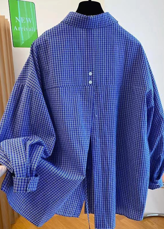 Chemises en coton à carreaux bleus à col Peter Pan pour femmes, automne WN040