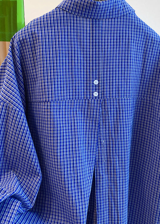 Chemises en coton à carreaux bleus à col Peter Pan pour femmes, automne WN040