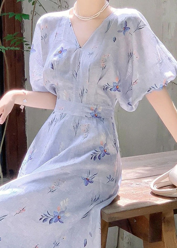 Frauen Blau V-Ausschnitt Print Baumwolle Langes Kleid Sommer KJ006