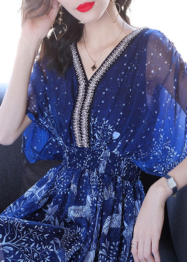Nagel Ärmel Perle Batwing Kleider Chiffon V Print Frauen Hals Blau