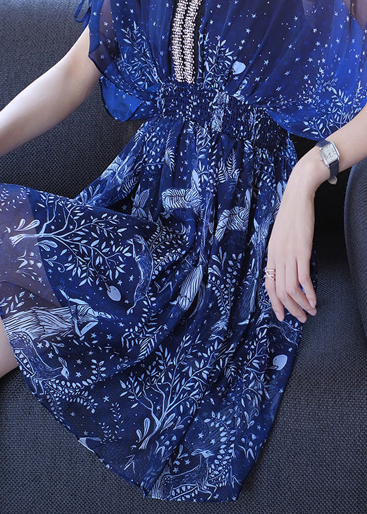 Nagel Ärmel Perle Batwing Kleider Chiffon V Print Frauen Hals Blau
