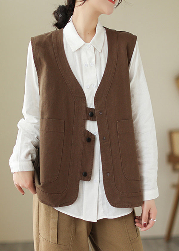 Damen Braune Weste mit V-Ausschnitt und Taschen, Patchwork, Baumwolle, ärmellos, TI025
