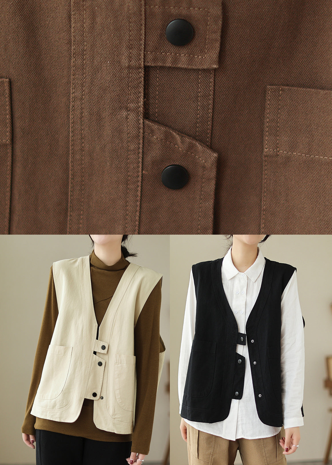 Damen Braune Weste mit V-Ausschnitt und Taschen, Patchwork, Baumwolle, ärmellos, TI025