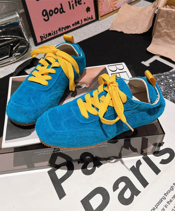 Women Casual Soft Comfy Blue Suede Flat Shoes Splicing Lace Up YC021