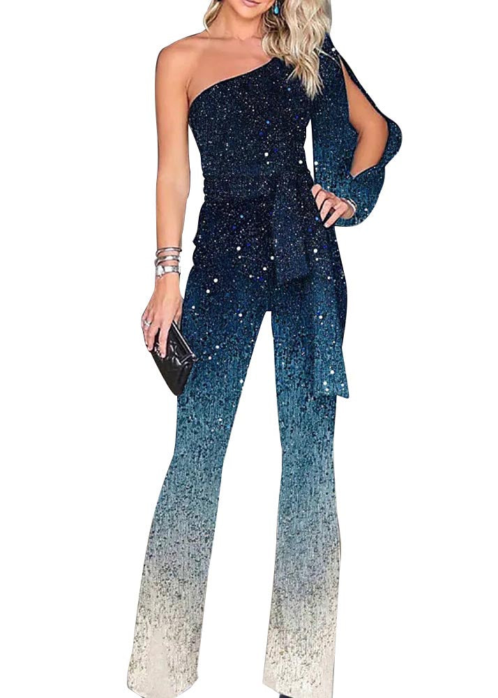 Women Blue One Two Asymmetrical Design Sequins Gradient Shoulder