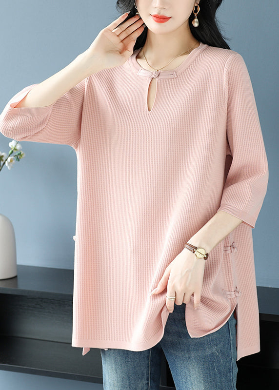 Haut en tricot de soie glacée à col rond et boutons orientaux pour femme, vert, printemps RL038