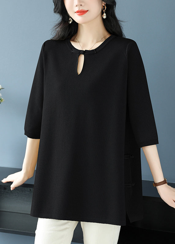 Haut en tricot de soie glacée à col rond et boutons orientaux pour femme, vert, printemps RL038
