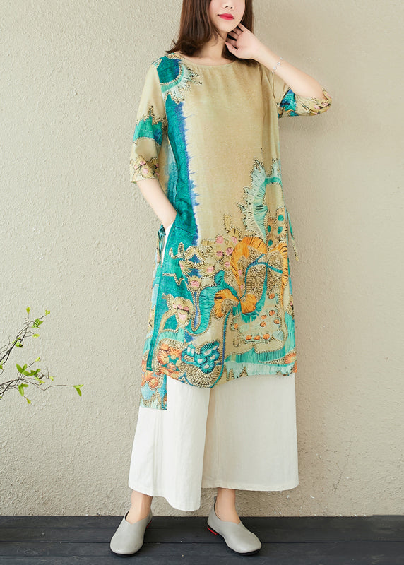 Oversized Print Sommerkleid Leinen Grün Damen