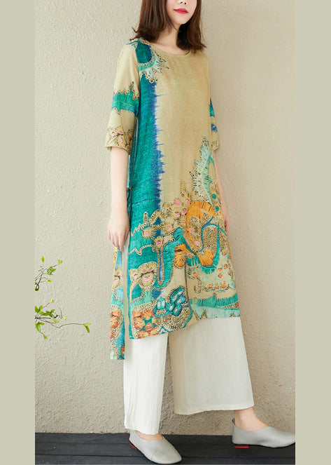 Oversized Print Sommerkleid Leinen Grün Damen