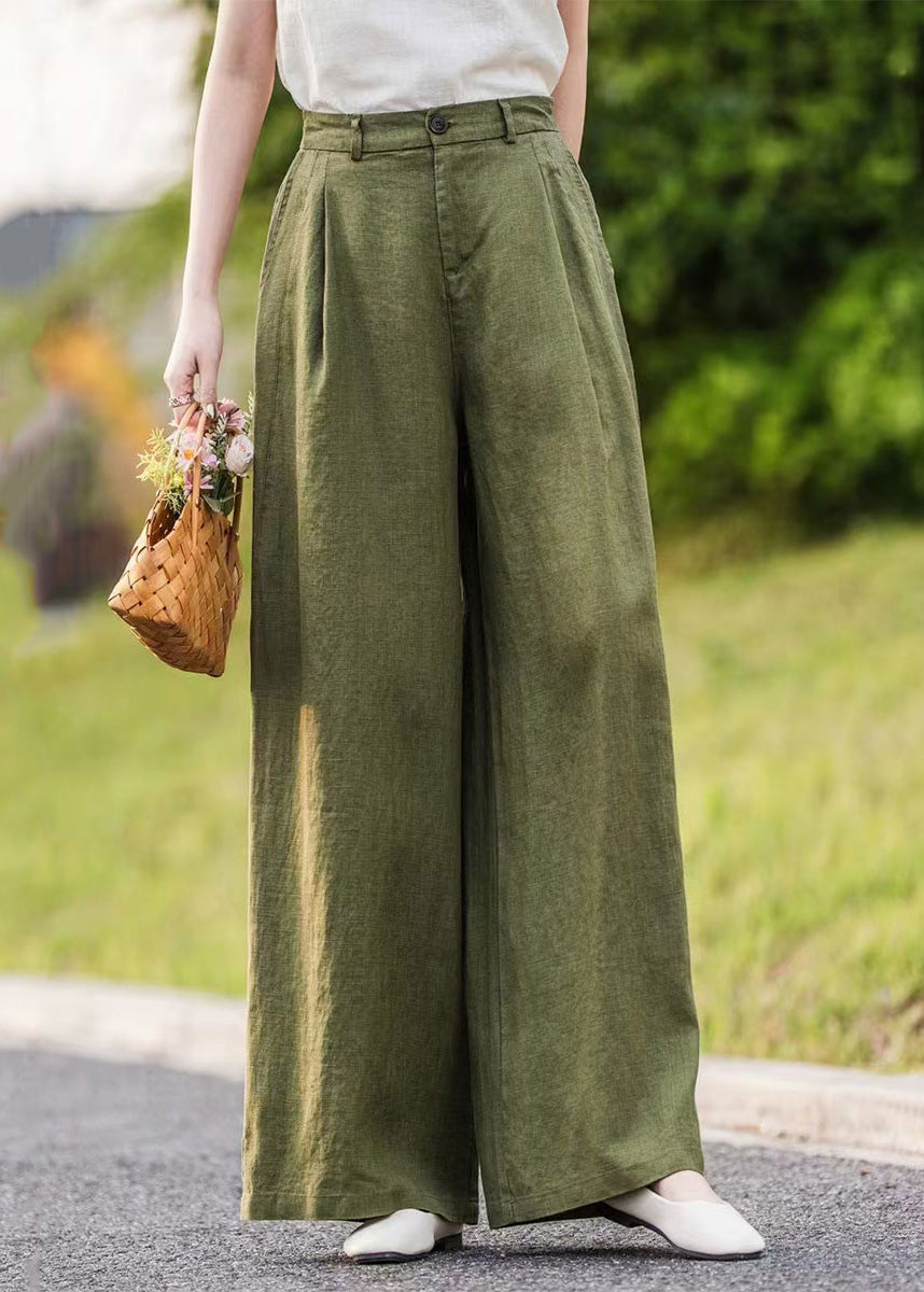 Pantalon d'été à poches droites pour femme en lin vert