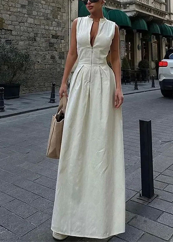 Kragen Schlank Grün Plissee Runde Kleid Frauen Maxi Ärmellose