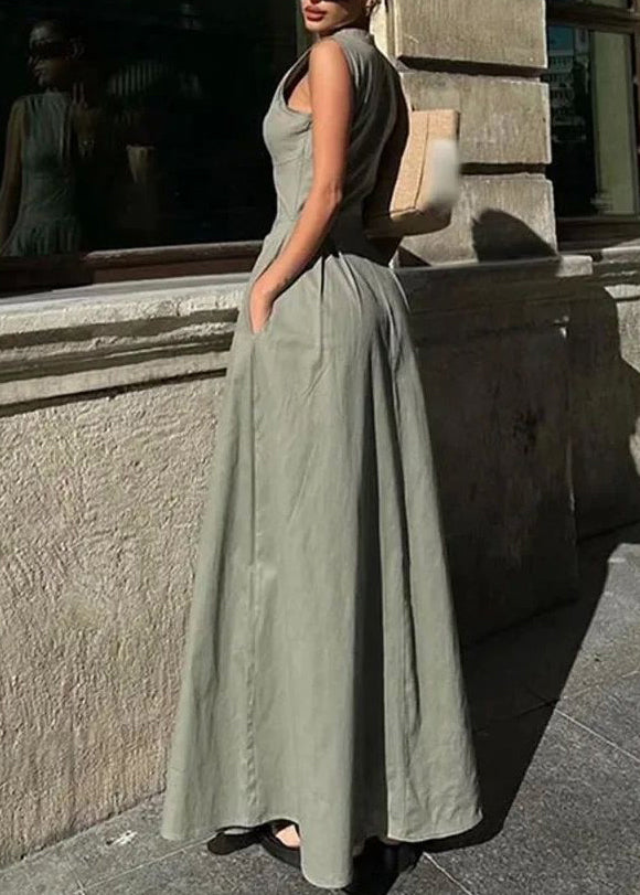 Kragen Schlank Grün Plissee Runde Kleid Frauen Maxi Ärmellose