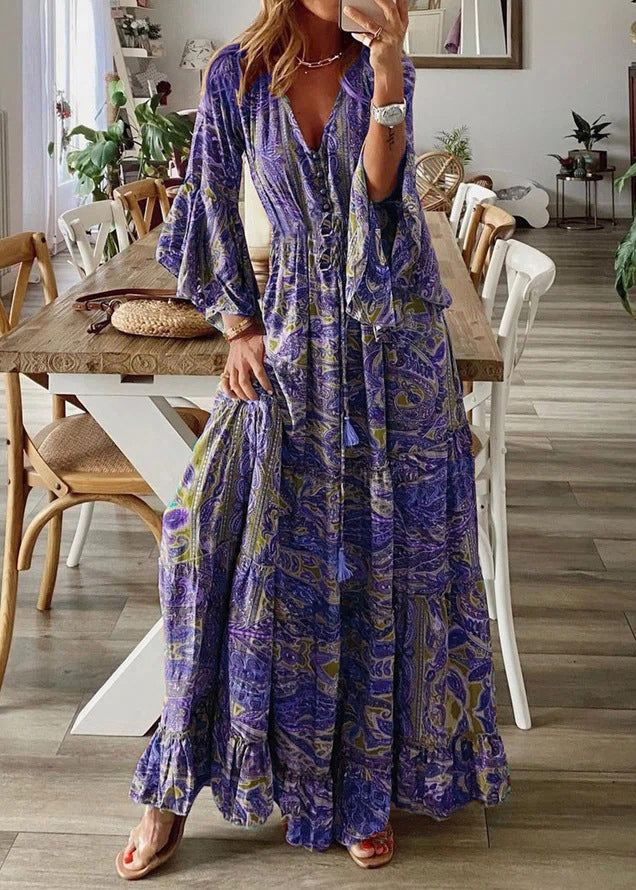 Sleeve Maxi Print Green Dresses V Flare Neck Cotton Women