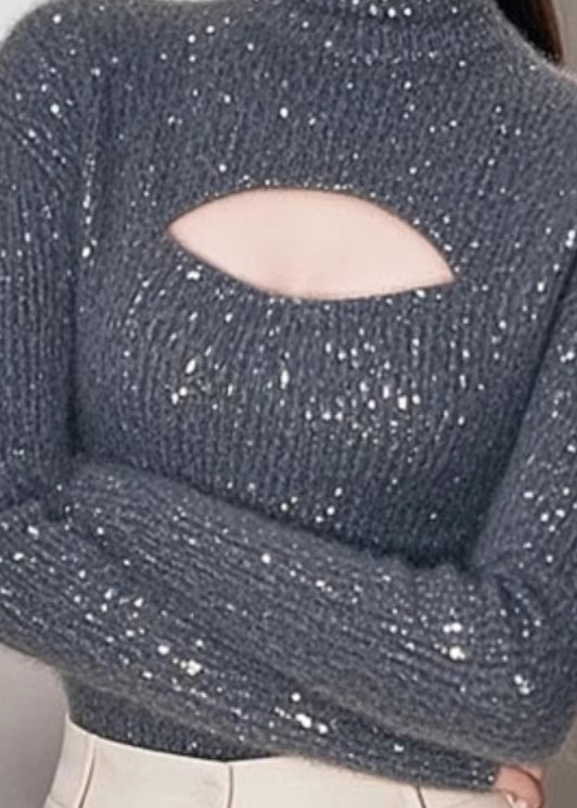 Frauen Grau Hign Neck Hohl Out Strickpullover Frühling TN048