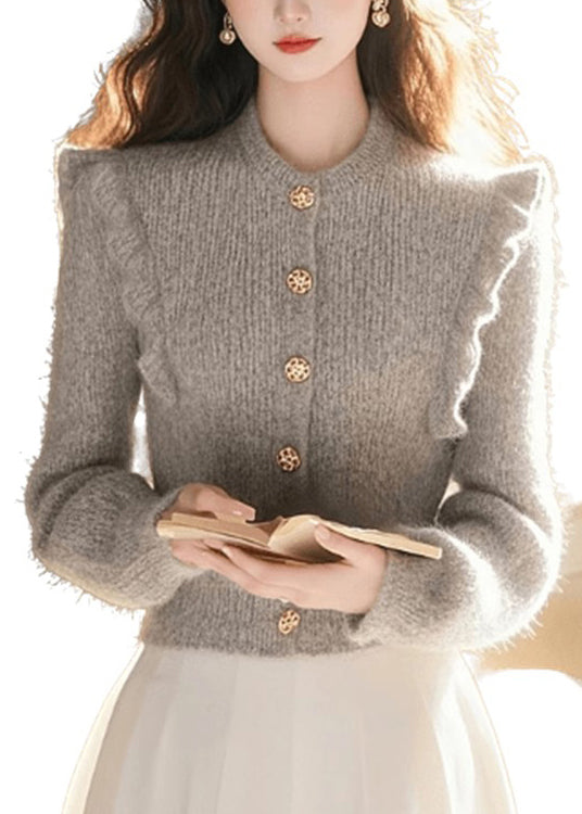 Frauen Grau O Neck Rüschen Patchwork Strick Top Frühling TN038