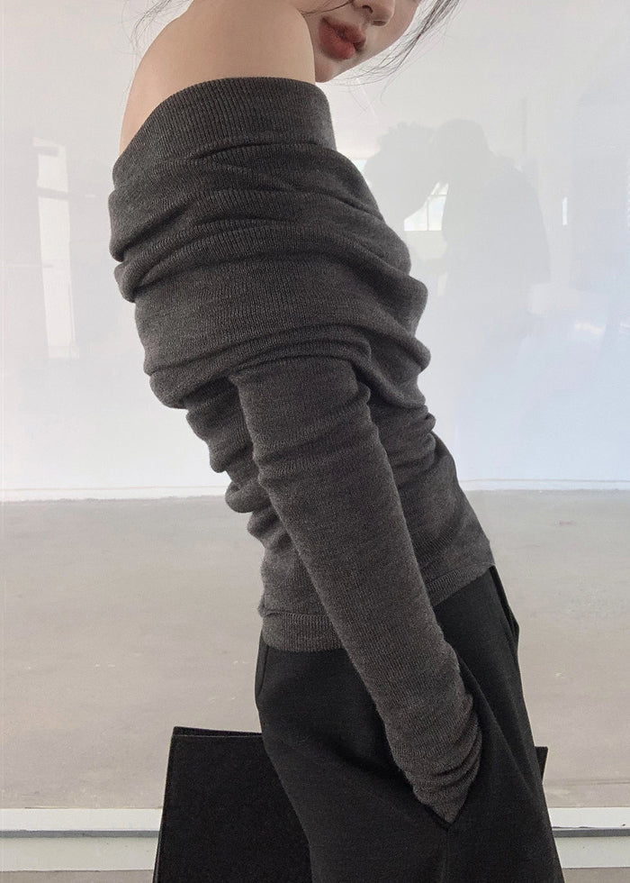 Haut à col en V gris uni froissé pour femme, tricot de printemps