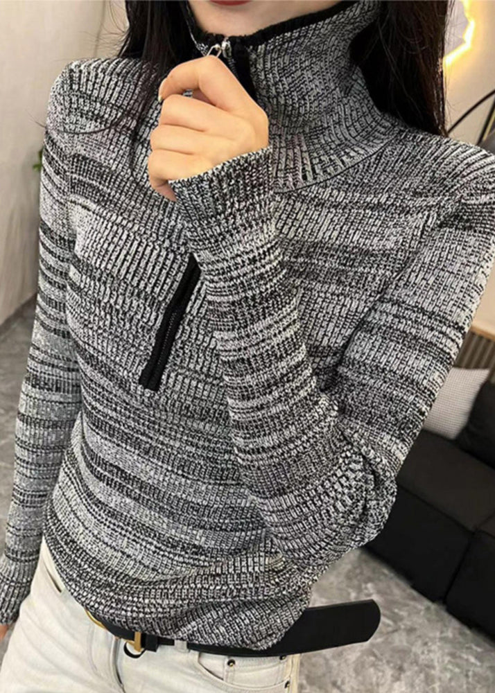 Pull en tricot de coton à rayures grises pour femme, fermeture éclair, printemps TO028