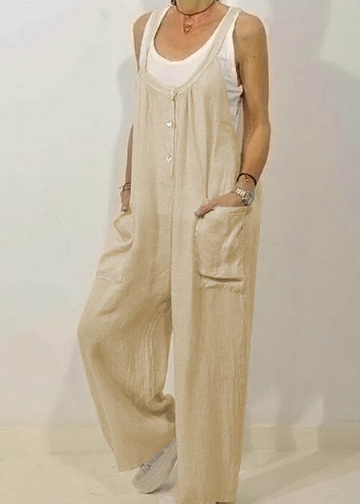 Solid Khaki Jumpsuits Button Women O-Neck Sleeveless