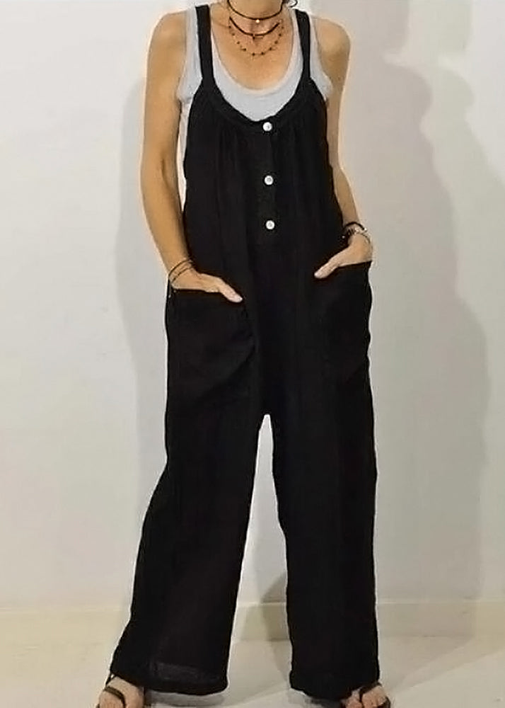 Solid Khaki Jumpsuits Button Women O-Neck Sleeveless