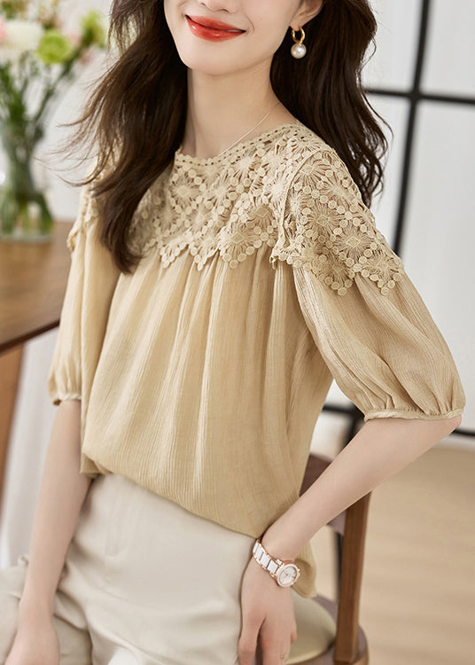 Frauen Khaki O Neck Spitze Patchwork Baumwolle Top Laterne Ärmel TH033