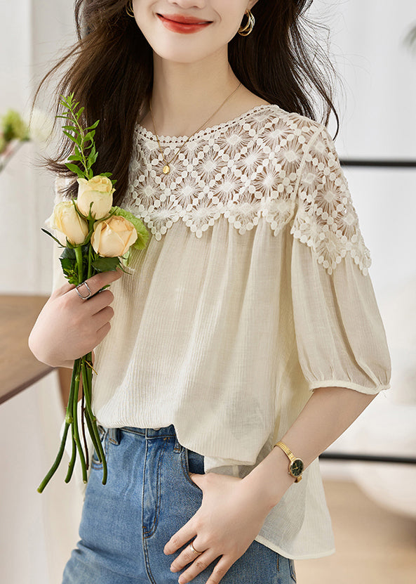 Frauen Khaki O Neck Spitze Patchwork Baumwolle Top Laterne Ärmel TH033
