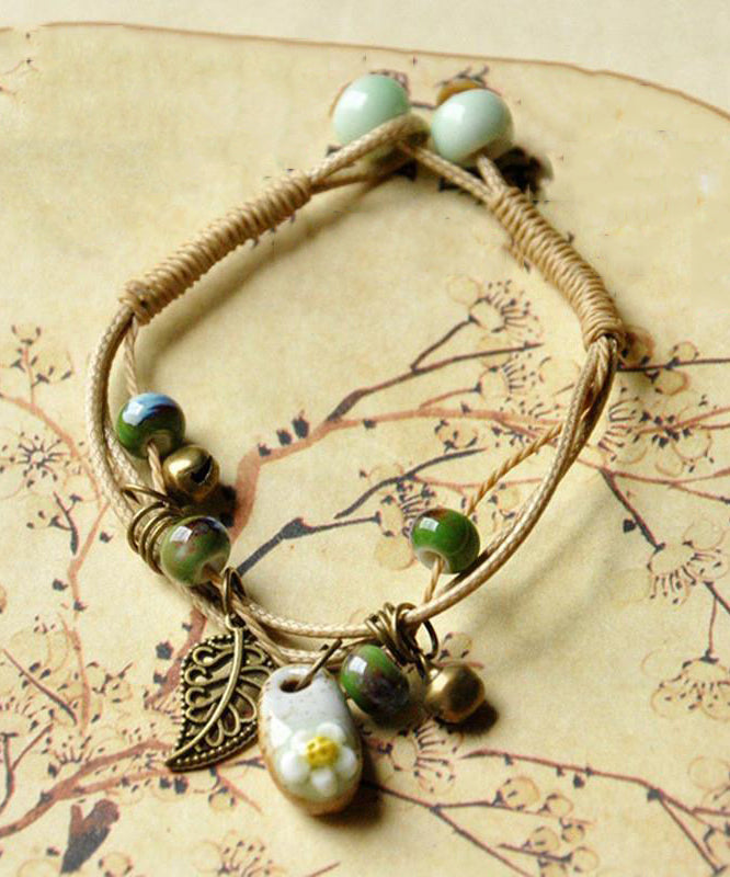 Bracelet à breloques en argent sterling et céramique tissée kaki pour femme TS025