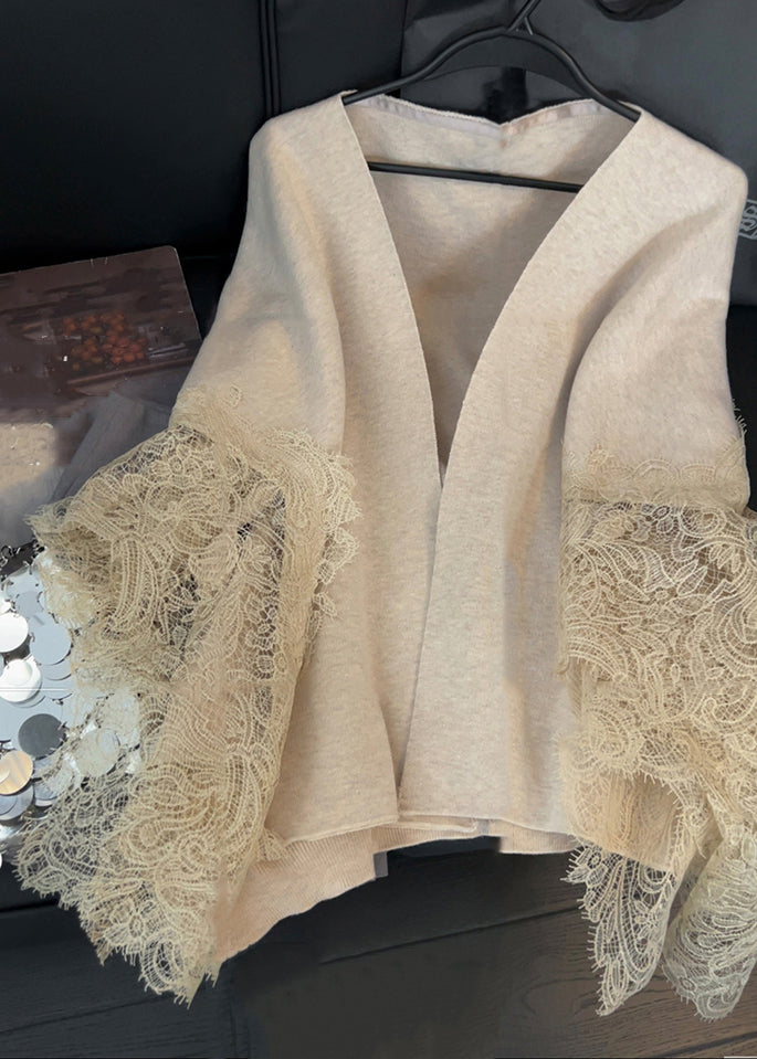 Frauen Licht Kamel V-Ausschnitt Spitze Patchwork Stricken Strickjacken Frühling TD024