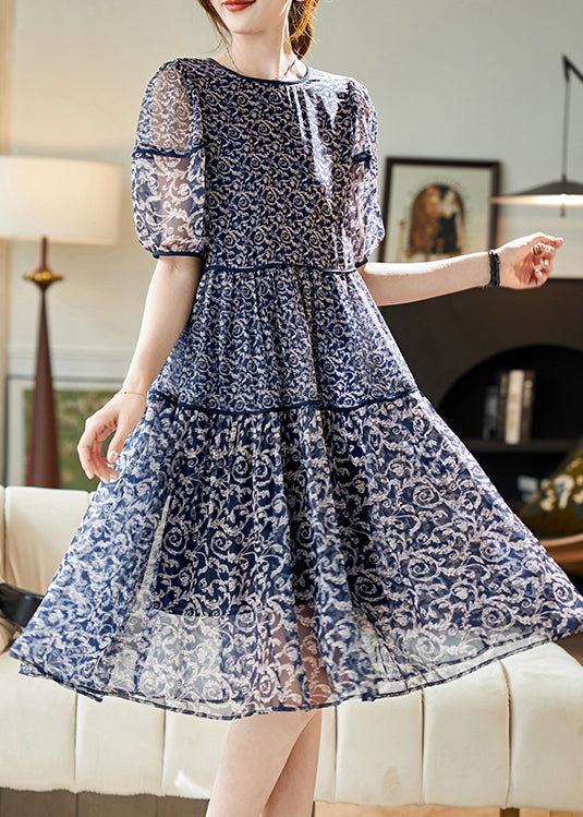 Robe d'été en mousseline de soie patchwork pour femme, imprimé, col rond, bleu marine