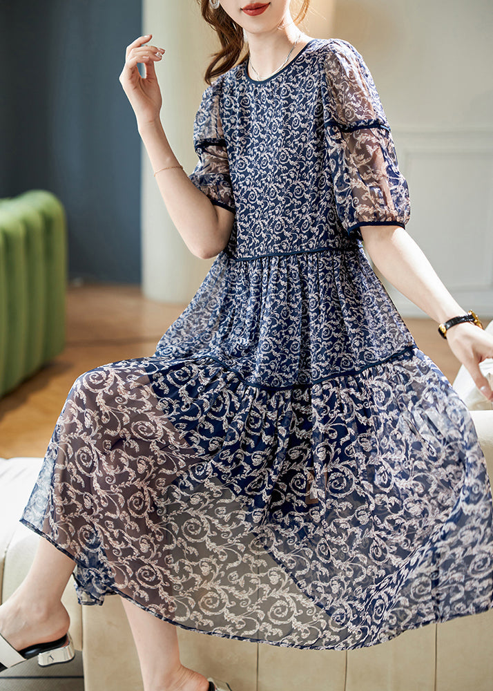 Robe d'été en mousseline de soie patchwork pour femme, imprimé, col rond, bleu marine