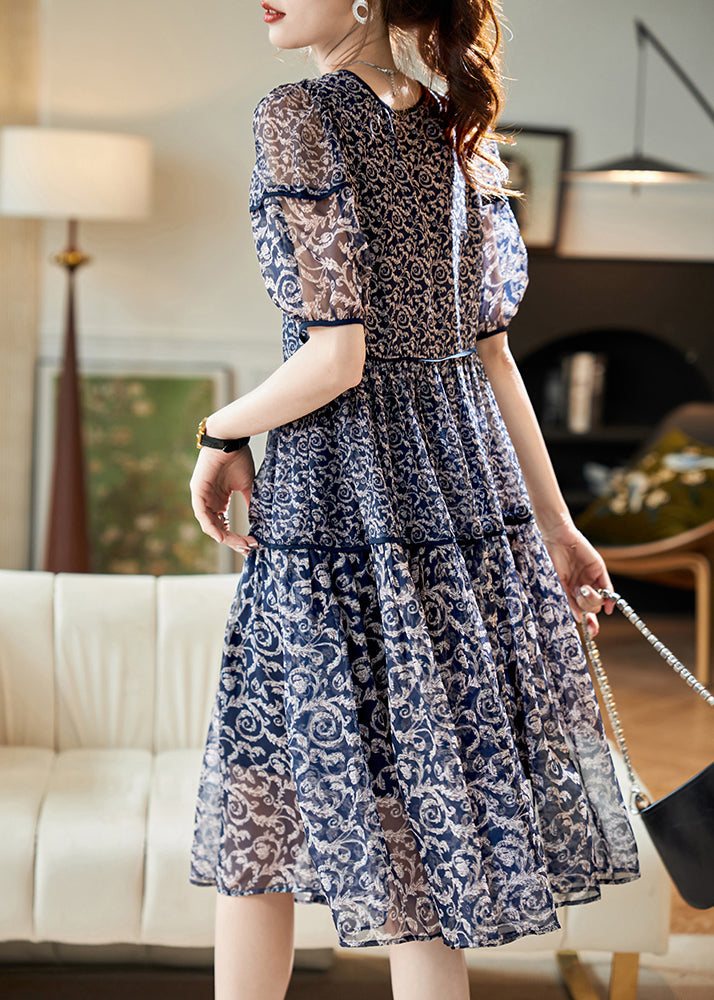 Robe d'été en mousseline de soie patchwork pour femme, imprimé, col rond, bleu marine